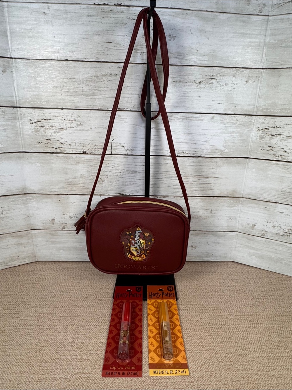 Harry Potter Gryffindor Crossbody Bag + 2 Lip Oil Wands 3-Pc Bundle